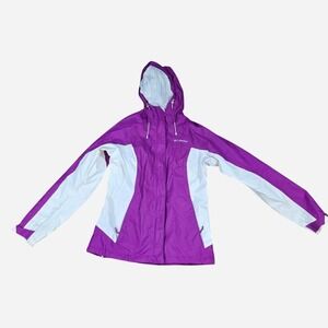Columbia Women's Hooded Waterproof‎ Rain Jacket Purple White FullZip Lightweight